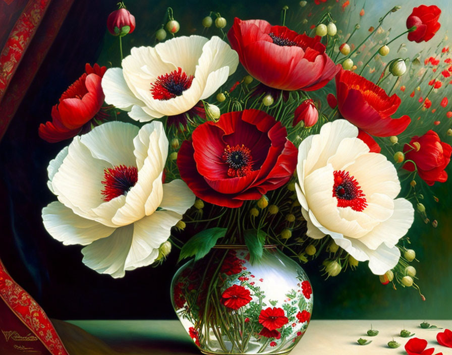 Red and White Anemone Flowers in White Vase on Dark Background