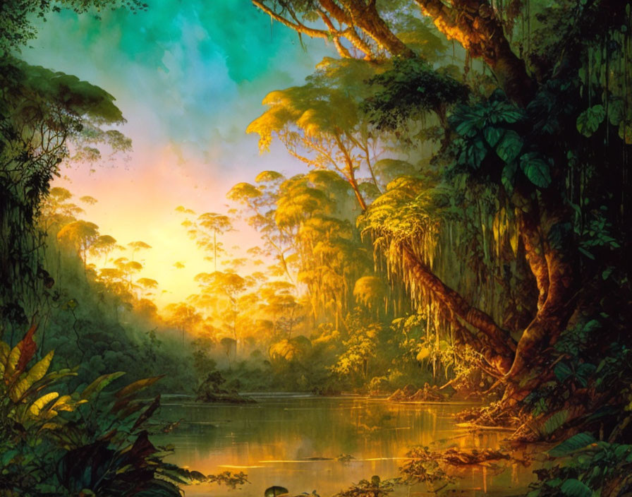 Tranquil river in lush rainforest at sunset