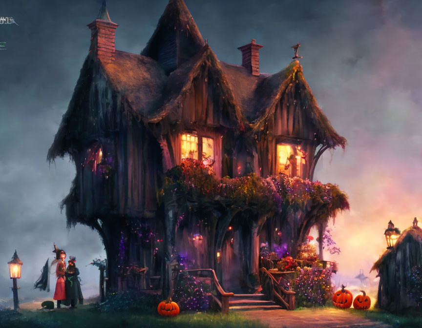 Whimsical Halloween cottage with glowing windows, pumpkins, witch, and purple flowers