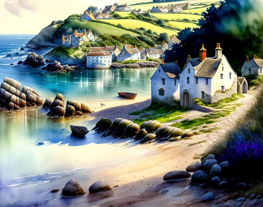 Tranquil Coastal Village with White Houses, Sandy Beach, Blue Cove, Boats, and Verd