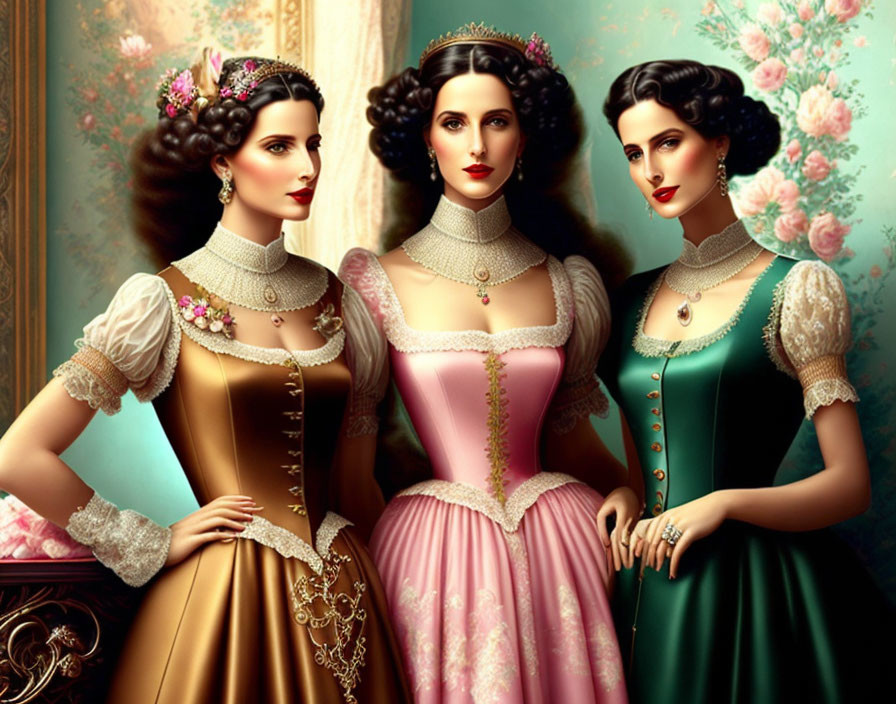 Three Women in Victorian Dresses with Elegant Jewelry Standing Together