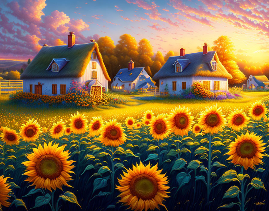 Sunflower field and cottages under warm sunset sky