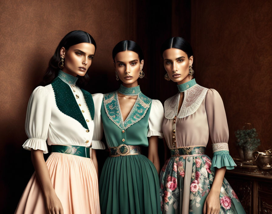 Vintage-inspired fashion: Three women in high-collared blouses and decorative belts against a moody