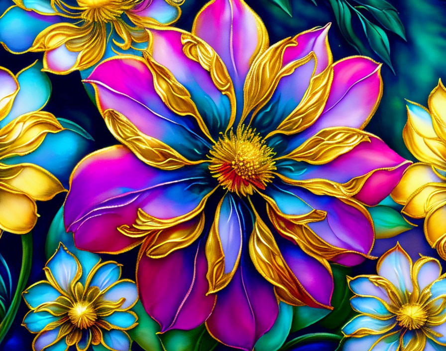 Colorful Stylized Flower Artwork with Gold Accents on Blue Background