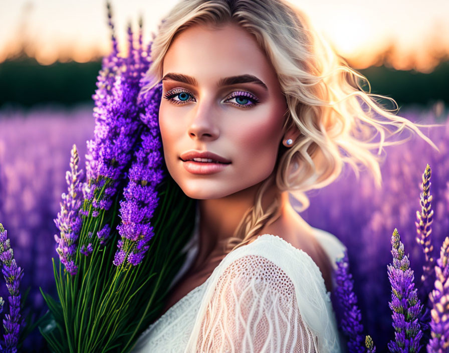 Blonde Woman Holding Lupine Flowers in Field at Sunset