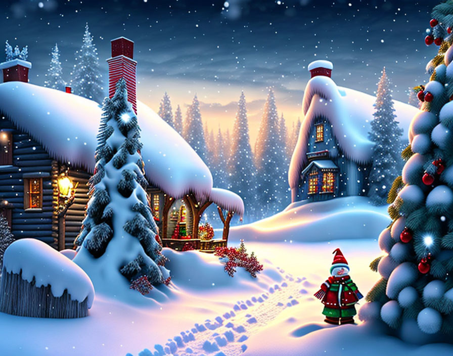 Winter village scene with Christmas decorations and Santa figure at night