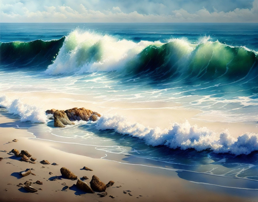 Sandy shore with turquoise waves and rocks under blue sky