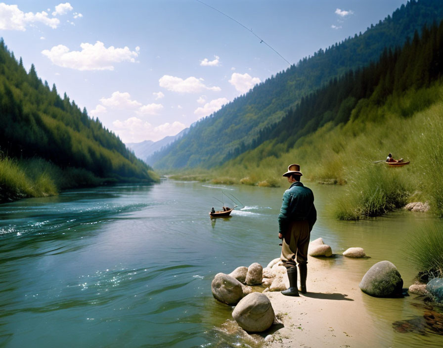 Person in hat fishing by tranquil river with mountains and boat.