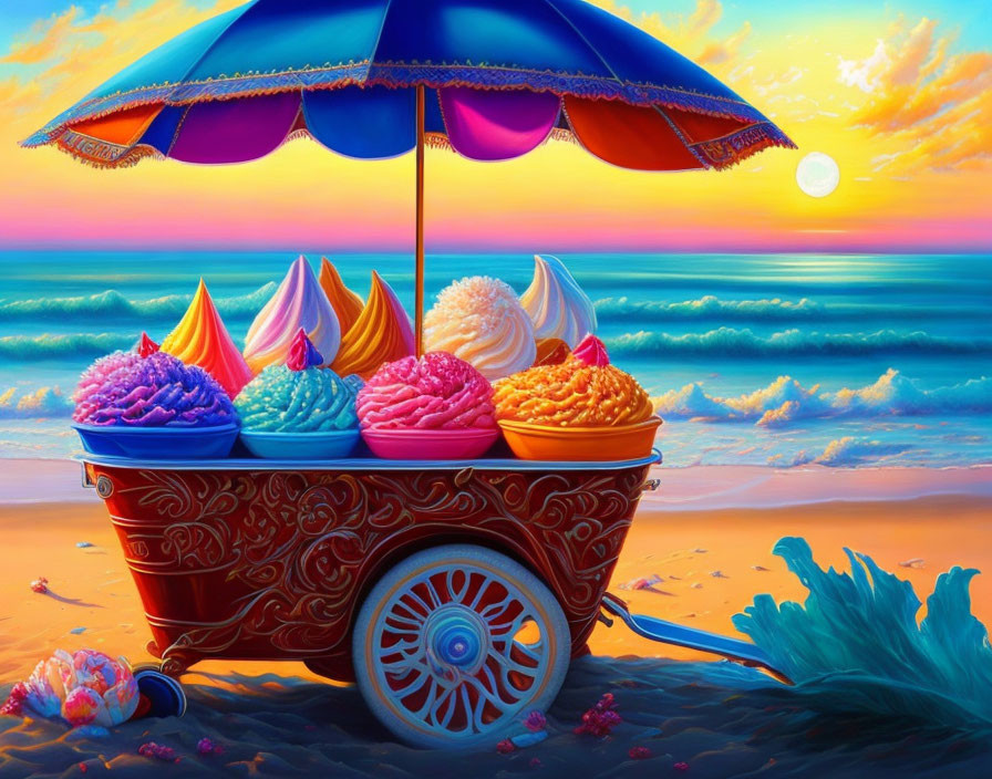 Ornate ice cream cart with vibrant scoops under beach umbrella at sunset