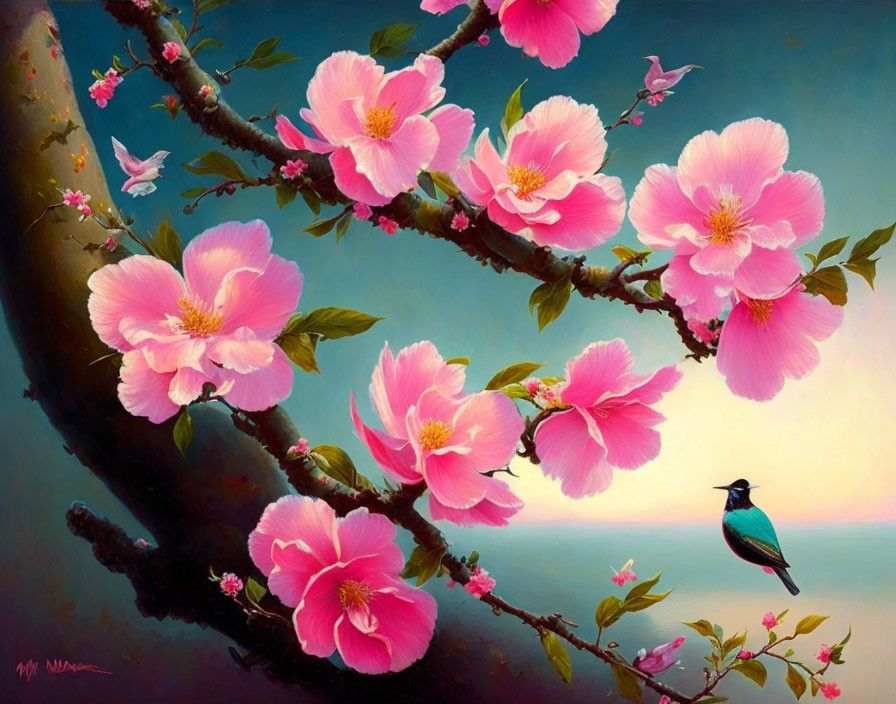 Colorful Cherry Blossom Painting with Birds in Ombre Sky