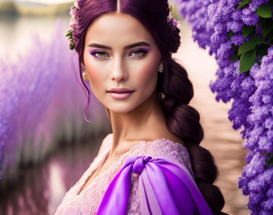 Woman with braided hairstyle and purple floral adornments near lilac bushes in lilac dress with satin