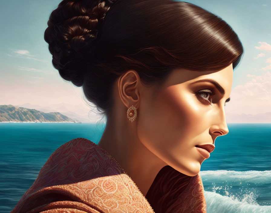 Digital artwork: Woman with updo hairstyle, gold earrings, patterned shawl by calm sea