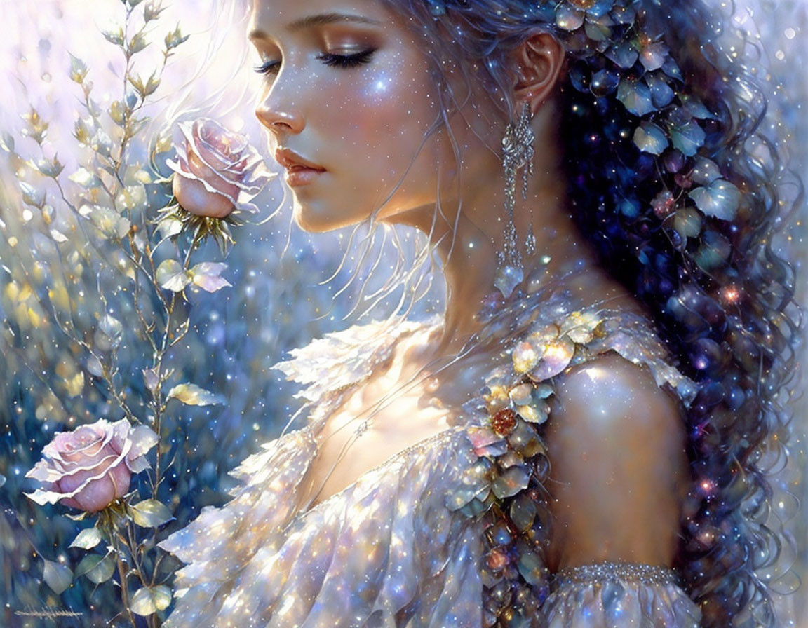 Fantasy Artwork: Woman with Sparkling Skin Among Flowers