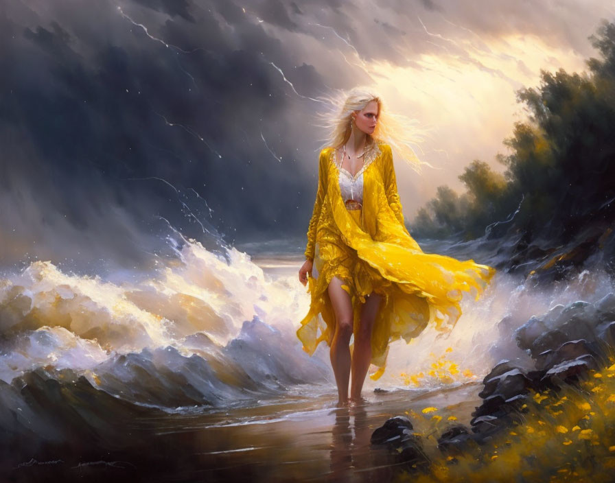 Blonde woman in yellow dress on stormy beach