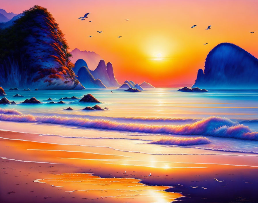 Scenic beach sunset with waves, birds, and mountains