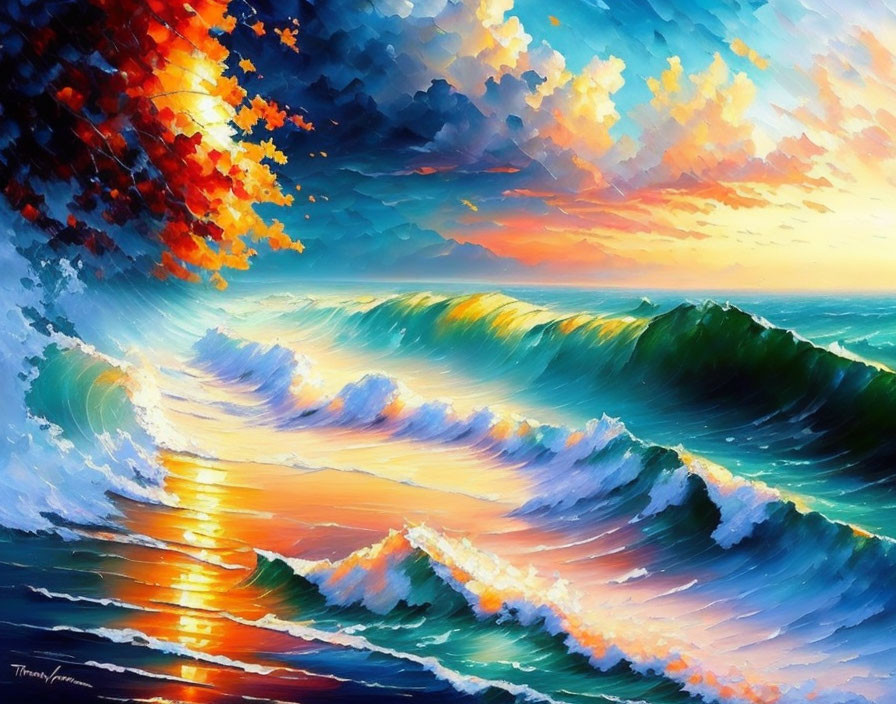 Colorful sunset sky over rolling ocean waves.