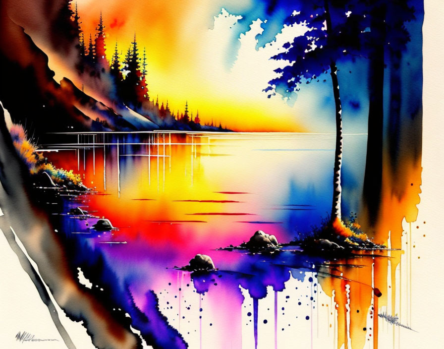 Colorful Watercolor Landscape of Sunset Reflections on Lake