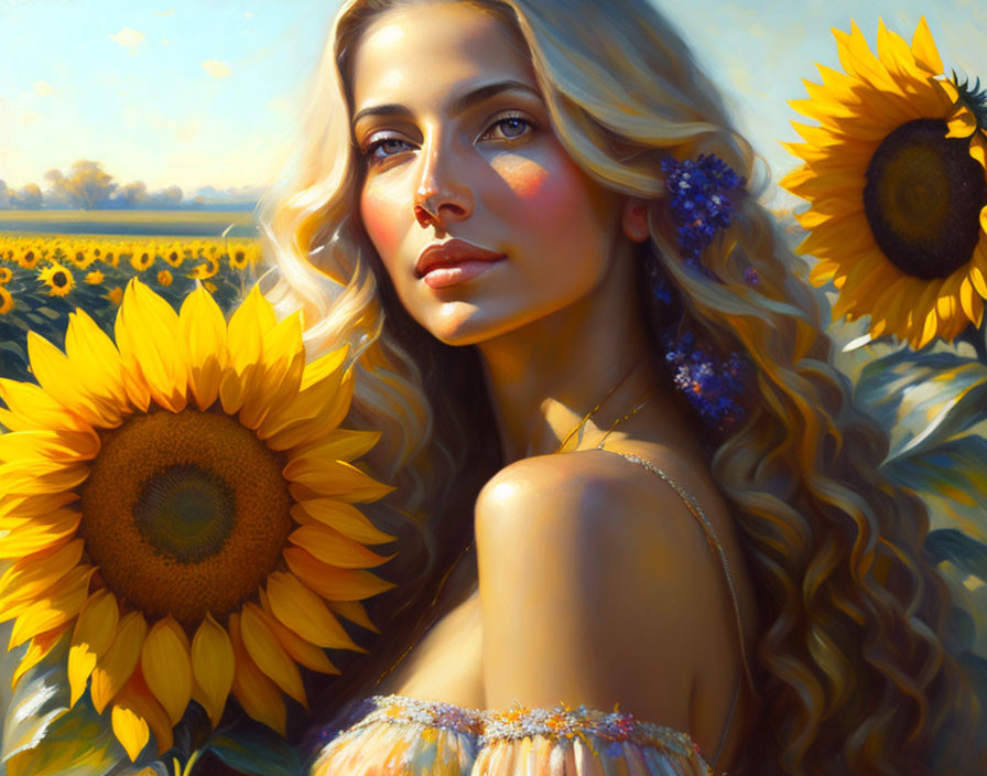 Woman with Golden Hair Among Sunflowers in Warm Sunlight