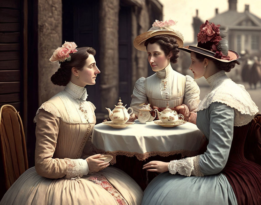 Victorian women having tea outdoors on historical street