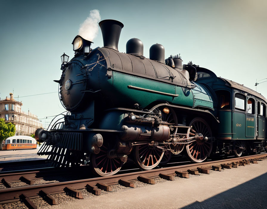 Vintage Steam Locomotive on Tracks with City Skyline in Background