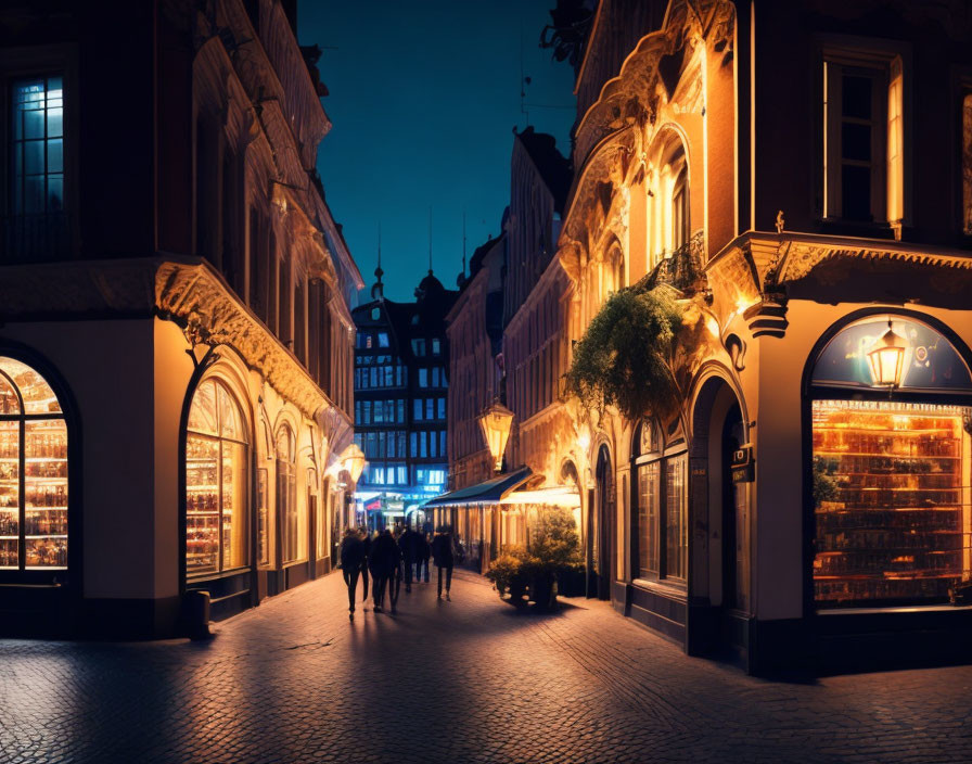 Old European Street at Night with Illuminated Storefronts