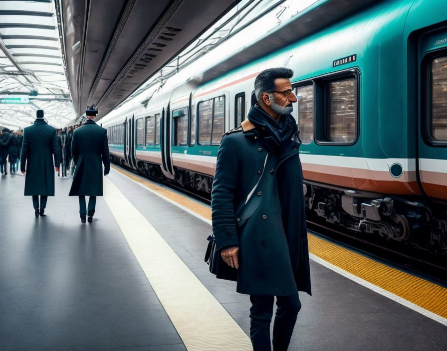 Man in Dark Coat and Scarf Waiting on Platform as Train Arrives