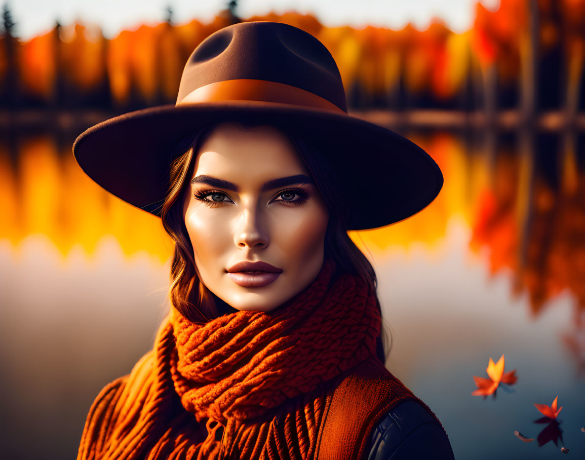 Woman in Stylish Hat and Red Scarf by Tranquil Lake with Autumn Leaves