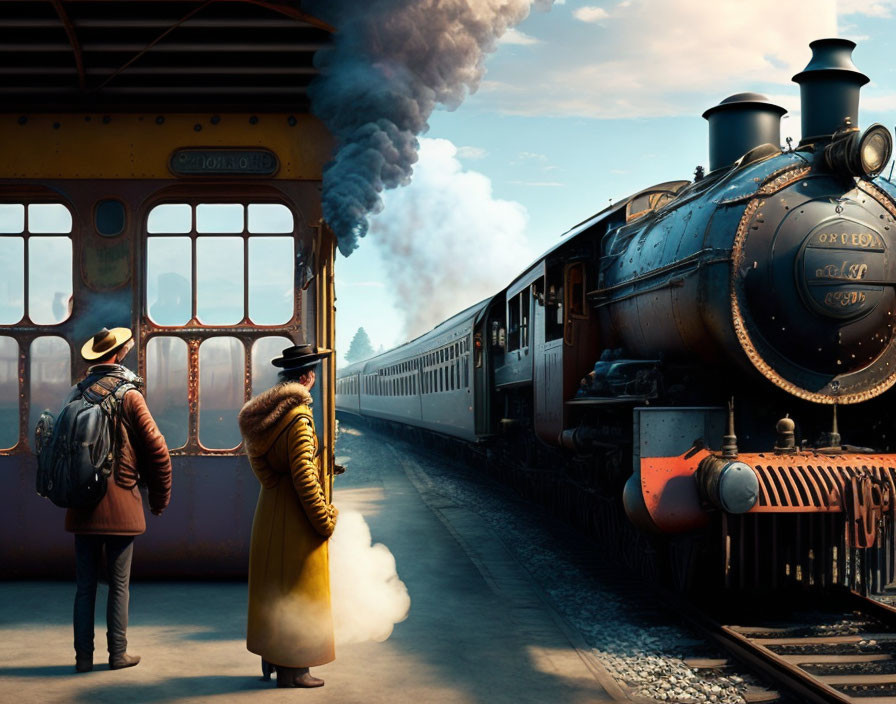 Vintage train at station with smoke, two people and luggage, clear sky