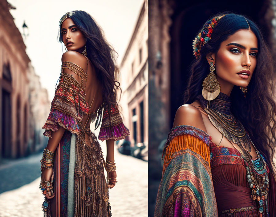 Bohemian Style Woman in Colorful Outfit on Old Street