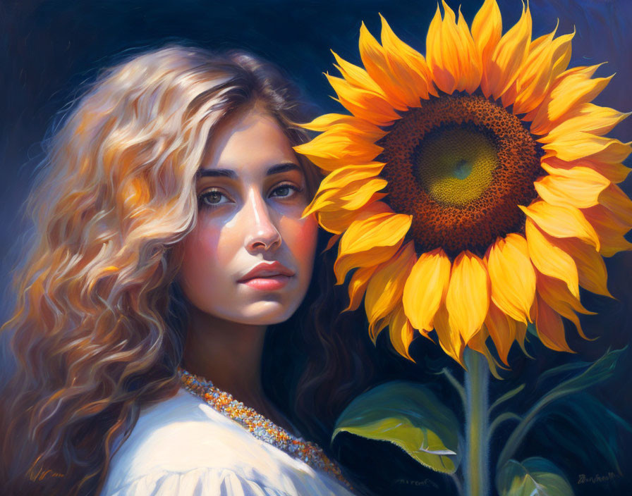 Portrait of young woman with curly hair and sunflower on dark blue backdrop