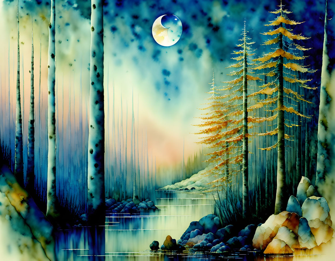 Mystical forest digital artwork with tall trees, river, colorful foliage, and luminous moon