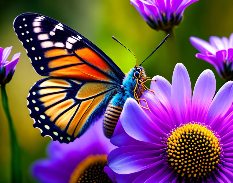 Colorful Monarch Butterfly on Purple Flower with Green Background