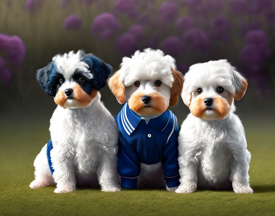 Three Cute Puppies in Blue Jacket with Purple Flowers