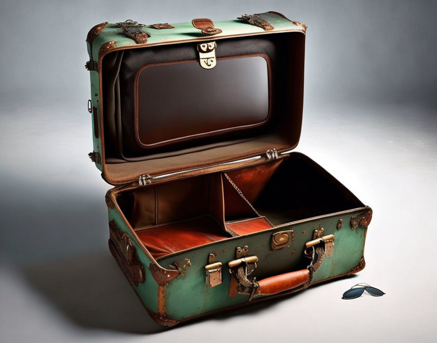 Vintage Brown Leather Suitcase with Sunglasses on Neutral Background