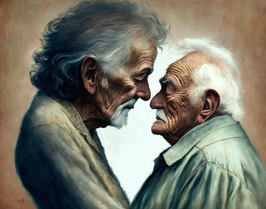 Emotive painting: Two elderly men touching foreheads