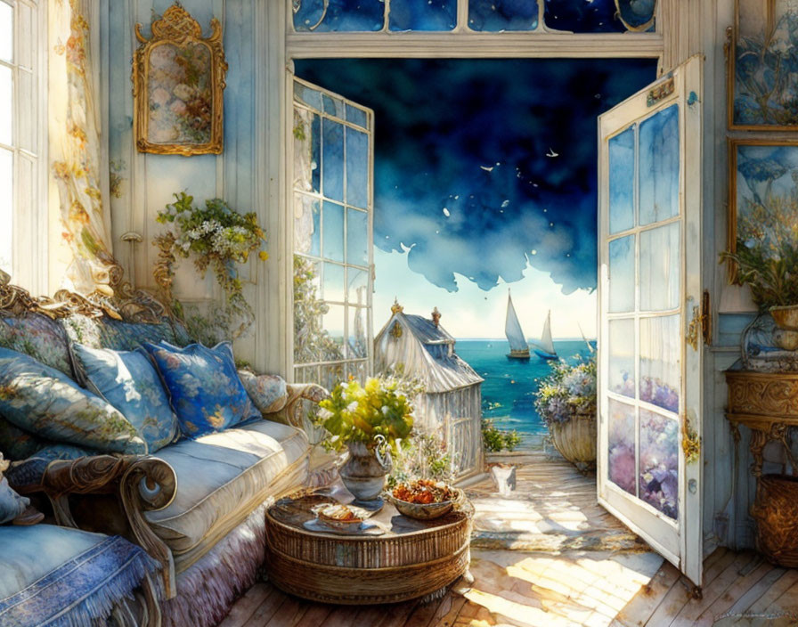 Room with starry night sky view, sailboats, plush sofas, flowers, elegant decor