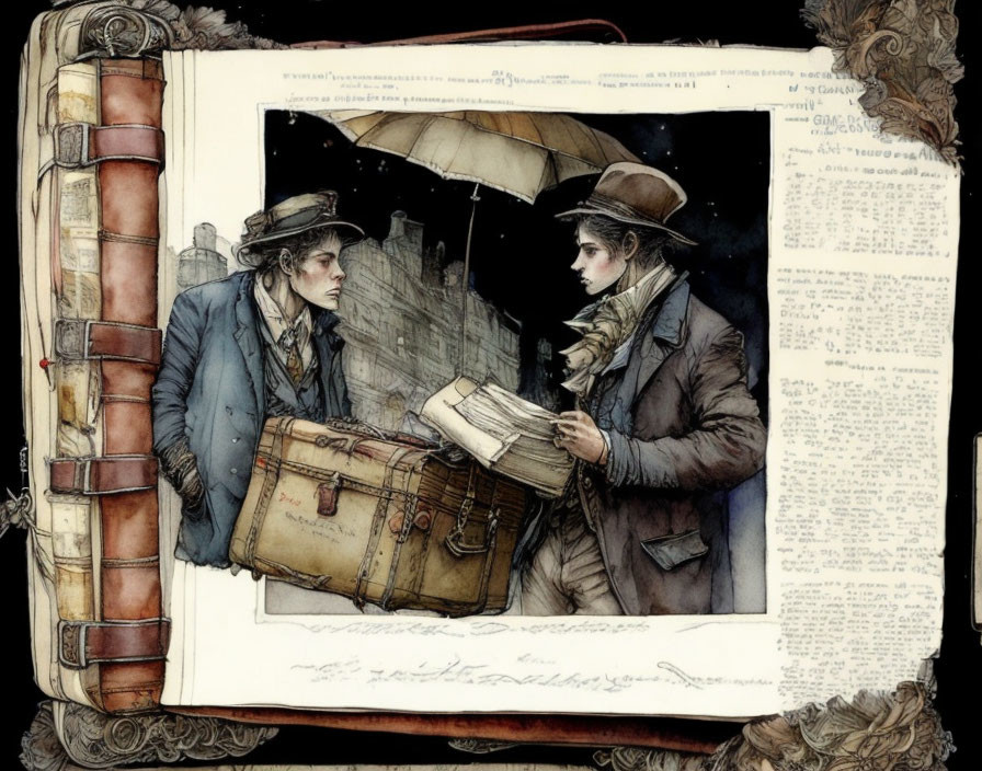 Illustration of two people sharing news in rain at street corner