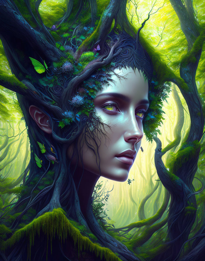 Woman's portrait with tree elements in a forest setting