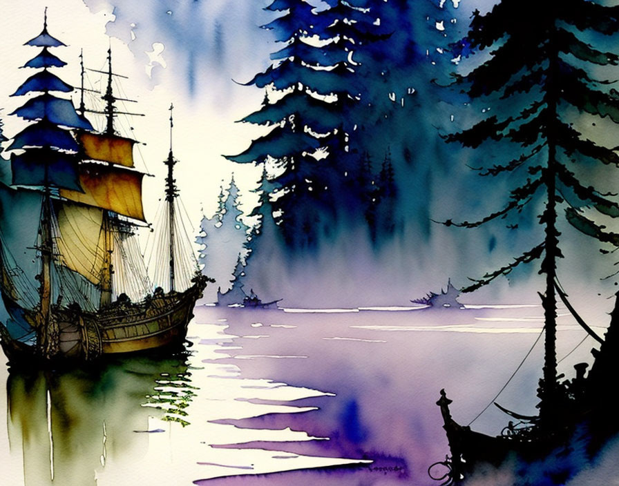 Watercolor painting of tall ship with yellow sails near misty shore