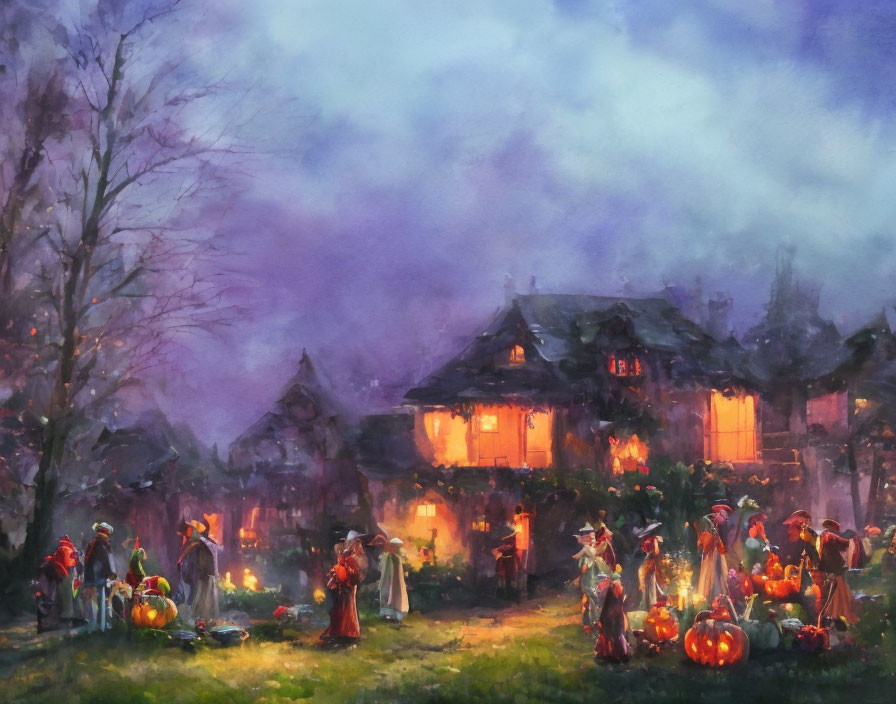 Impressionistic Halloween dusk painting with lit houses, costumes, and pumpkins