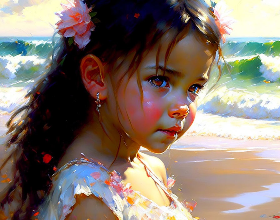 Digital painting: Young girl with flowers in hair on beach with waves and sunlight