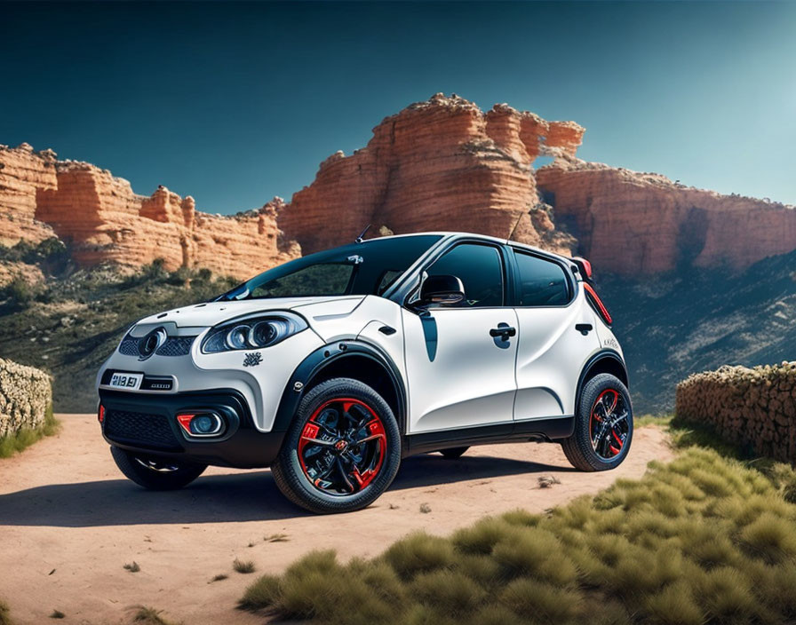 White Compact SUV with Black and Red Accents on Dirt Road with Rocky Cliffs