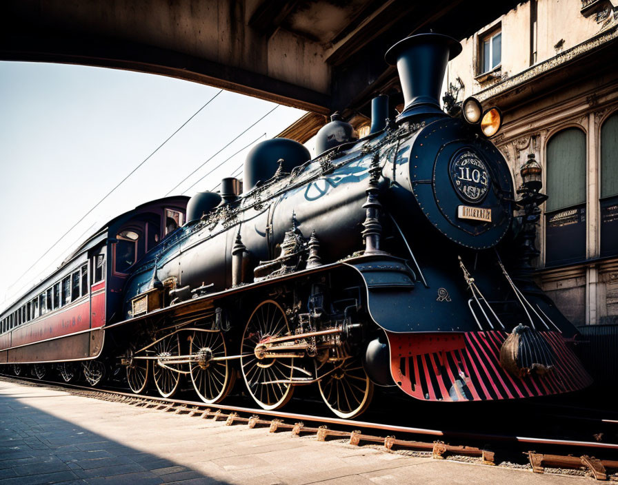 Vintage Black Steam Locomotive with Red Wheels at Station