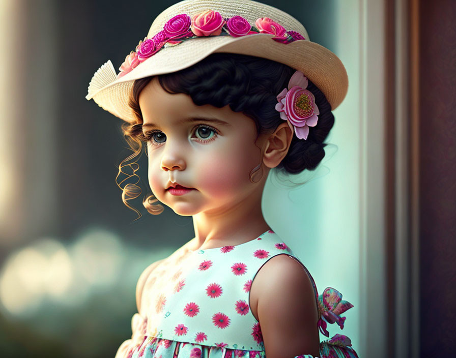 Curly-Haired Girl in Floral Dress and Straw Hat with Pink Flowers