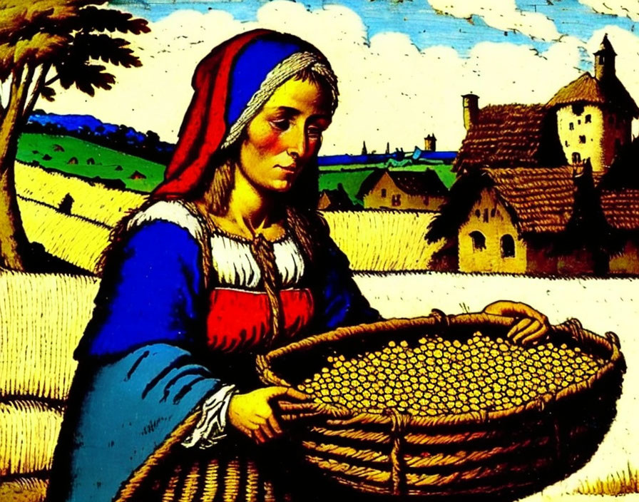 Woman in red headscarf with basket in rural landscape