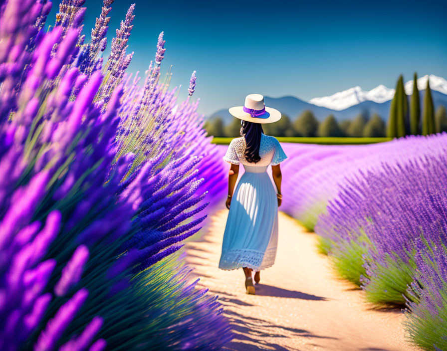 Woman in blue dress strolling in lavender field with mountains and blue sky