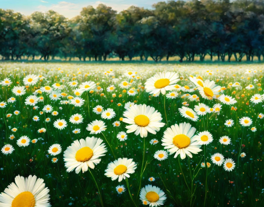 Blooming daisies in lush meadow under soft sunlight