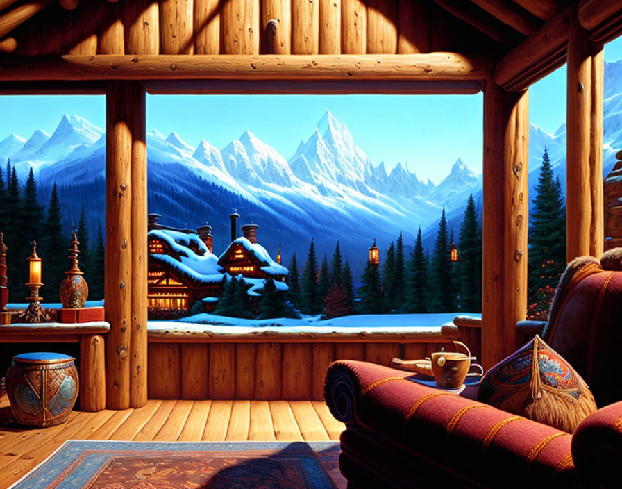 Rustic wooden cabin interior with snowy mountain view