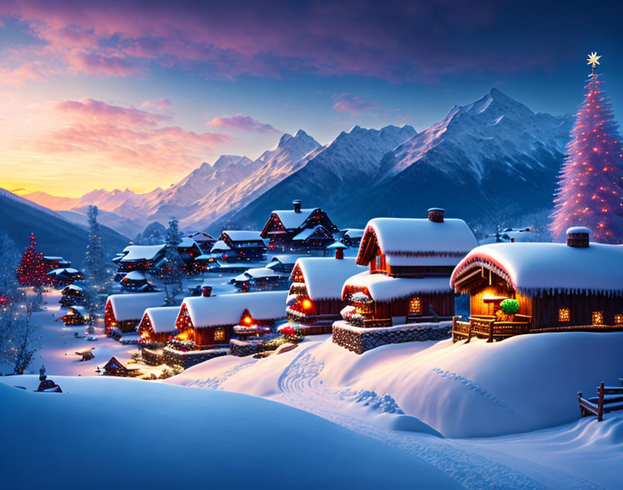 Snowy winter village with illuminated Christmas trees & mountain backdrop