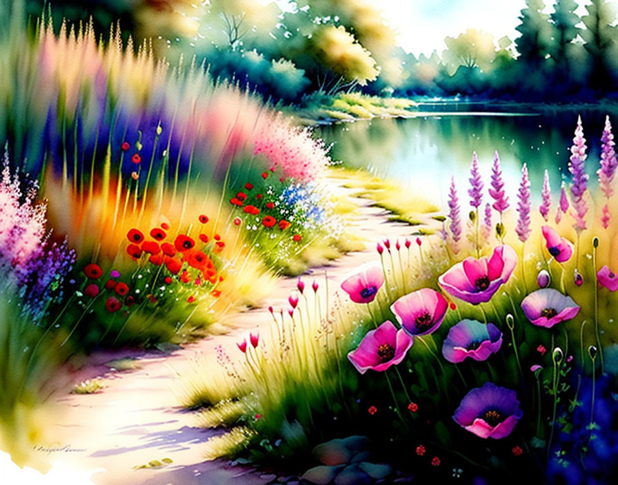 Colorful Garden Path Painting with Flowers and Pond